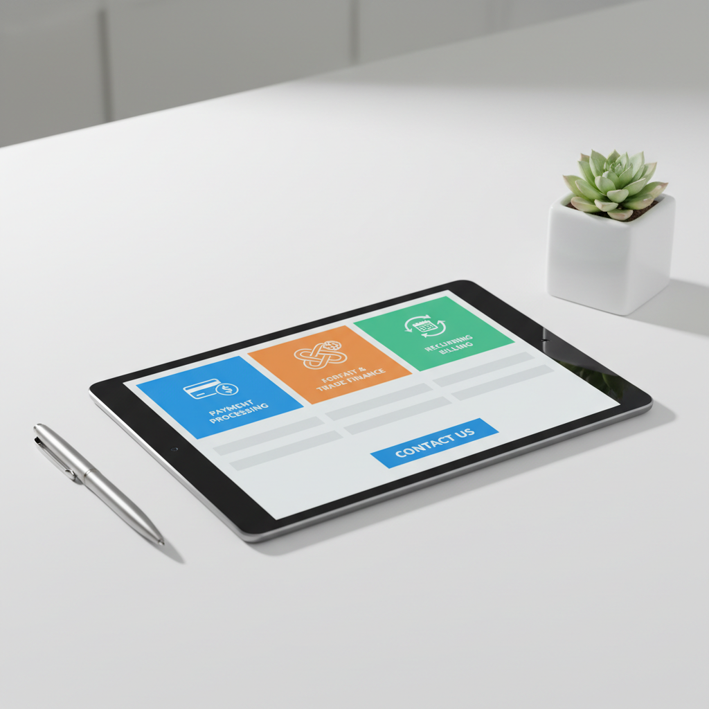 A polished dark-gray tablet lying on a tidy white desk, its screen divided cleanly into three simple, colorful dashboards representing distinct PayServ services: payment processing, forfait and trade finance, and recurring billing. Below them, a minimal contact inquiry section is hinted at by abstract shapes resembling form fields and a prominent call-to-action block without readable text. Around the tablet, only a slim metallic pen and a small geometric planter sit, reinforcing a clutter-free aesthetic. Soft studio lighting from the left creates subtle highlights on the glass screen and faint, precise shadows. The composition uses the rule of thirds with crisp, photographic realism, evoking clarity, accessibility, and professionalism for small business owners.