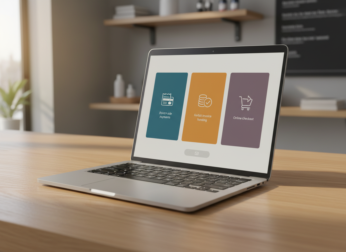 A close-up of a slim silver laptop on a light oak counter in a small retail back office, the screen presenting a streamlined payment dashboard tailored for small businesses. Three clearly separated panels hint at services for point-of-sale payments, forfait invoice funding, and online checkout integration, each using bold color blocks and simple icons instead of words. A subtle contact inquiry area sits at the bottom as a contrasting band with minimalist shapes. Gentle morning light filters through an unseen window, casting warm highlights on the laptop’s brushed metal and soft shadows along the grain of the wood. Photographic realism, shot from a three-quarter angle, creates a focused, orderly, and reassuring atmosphere.