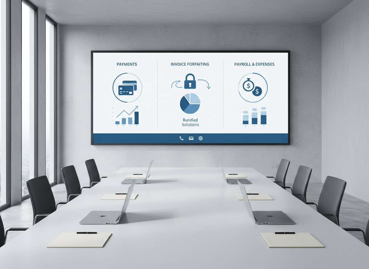 A large wall-mounted ultra-wide display in a modern boardroom shows a clean, three-column layout representing three core small business payment services, including forfait-style invoice solutions in the center column. Each column contains simple geometric icons and charts instead of text, while a neat lower band suggests contact options through discreet symbol-like shapes. The room features a long, matte white conference table with a few closed laptops and neatly arranged notepads, all empty to avoid visual clutter. Cool, diffused daylight from tall windows casts even, professional lighting with soft shadows. Photographic realism from a slightly elevated angle emphasizes the screen’s content and the organized environment, creating a calm, strategic, and trustworthy mood.