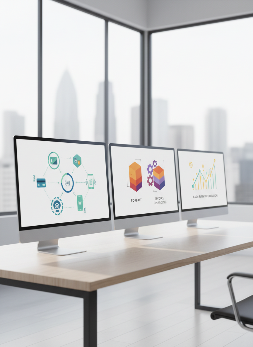 A clean, modern workstation displaying three sleek, frameless monitors arranged side by side, each screen showing a different abstract visualization of payment solutions: on the left, stylized icons suggesting card and digital wallet payments; in the center, a structured graphic implying forfait and invoice financing; on the right, a simple chart indicating cash flow optimization. The setup rests on a pale wooden desk with a matte finish in a bright, minimal office with blurred city skyline through large windows. Soft daylight creates crisp reflections on the monitor edges and gentle shadows under the desk. Photographic realism, shot at eye level with a shallow depth of field, conveys a professional, uncluttered, trustworthy atmosphere suited for small business financial services.